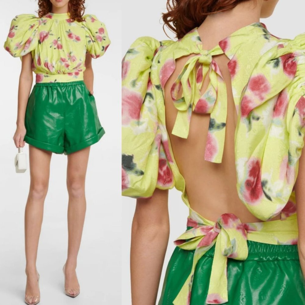 NEW Rotate Birger Christensen Dawn Floral Puff Sleeve Top Tie Back Yellow Boho 4